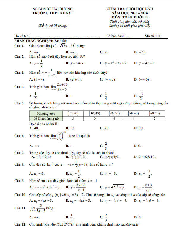 Đề cuối học kỳ 1 Toán 11 năm 2023 – 2024 trường THPT Kẻ Sặt – Hải Dương