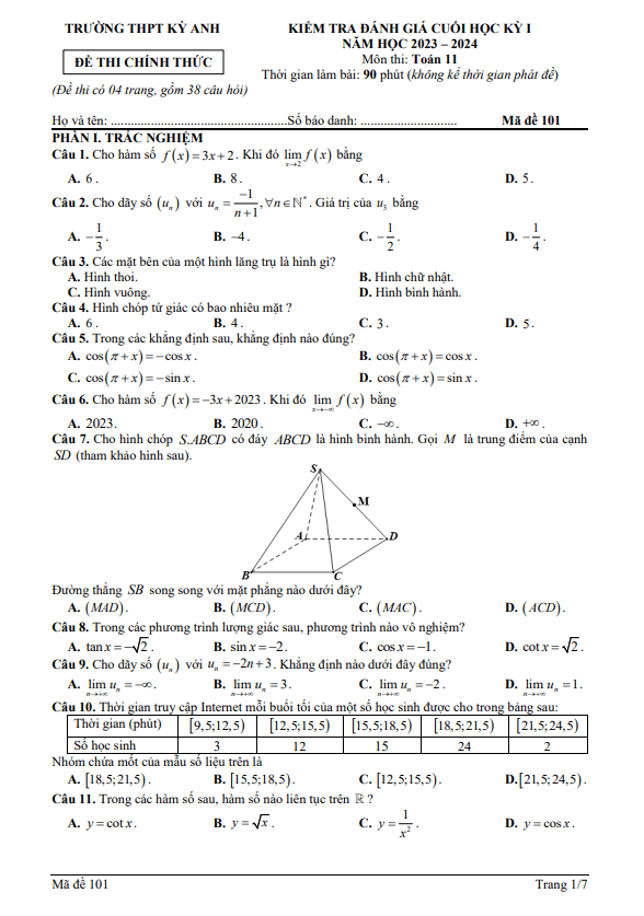 Đề cuối học kỳ 1 Toán 11 năm 2023 – 2024 trường THPT Kỳ Anh – Hà Tĩnh