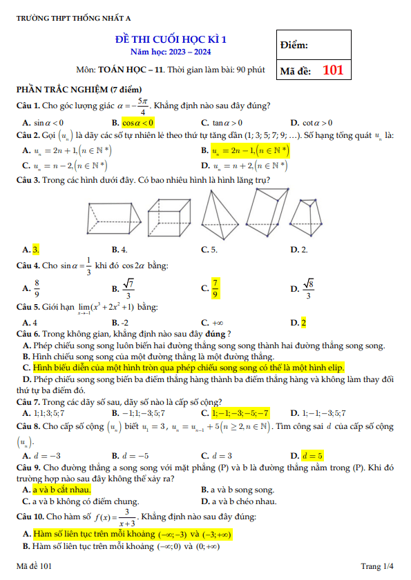 Đề cuối học kỳ 1 Toán 11 năm 2023 – 2024 trường THPT Thống Nhất A – Đồng Nai