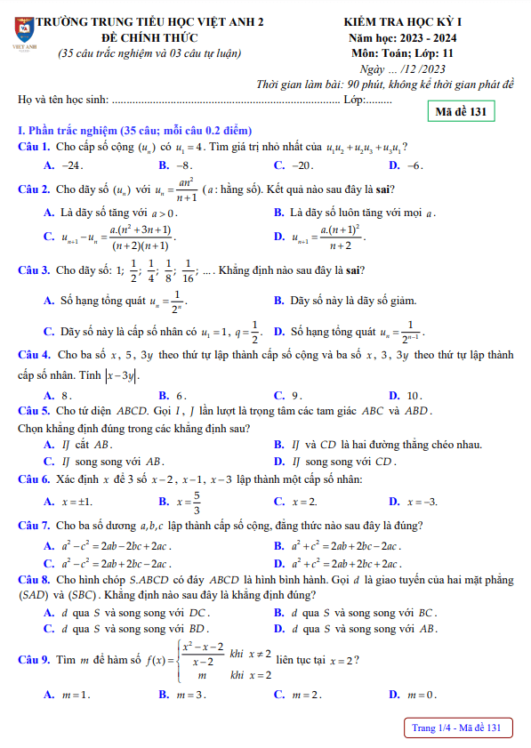 Đề cuối học kỳ 1 Toán 11 năm 2023 – 2024 trường Việt Anh 2 – Bình Dương