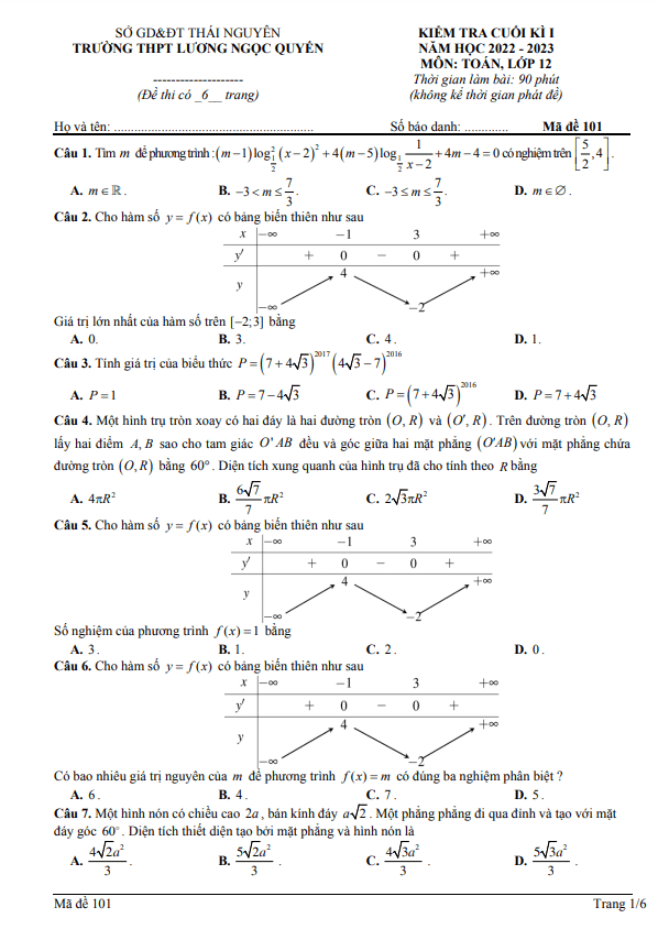 Đề cuối học kỳ 1 Toán 12 năm 2022 – 2023 THPT Lương Ngọc Quyến – Thái Nguyên