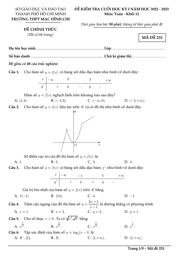 Đề cuối học kỳ 1 Toán 12 năm 2022 – 2023 trường THPT Mạc Đĩnh Chi – TP HCM