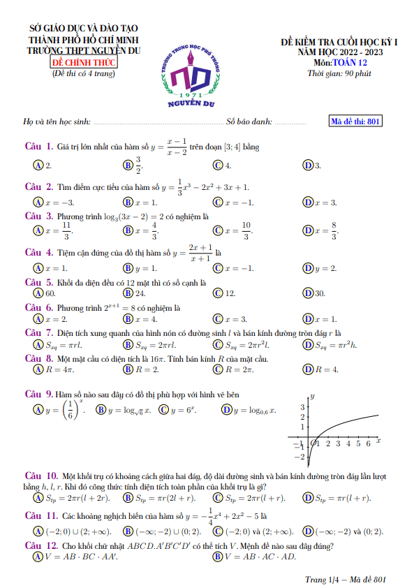 Đề cuối học kỳ 1 Toán 12 năm 2022 – 2023 trường THPT Nguyễn Du – TP HCM