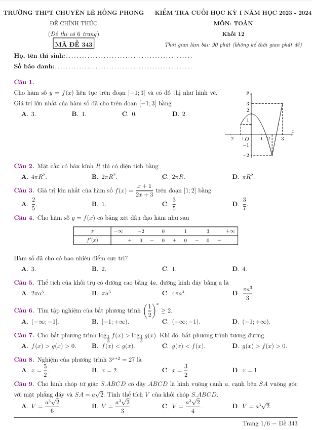 Đề cuối học kỳ 1 Toán 12 năm 2023 – 2024 trường chuyên Lê Hồng Phong – TP HCM