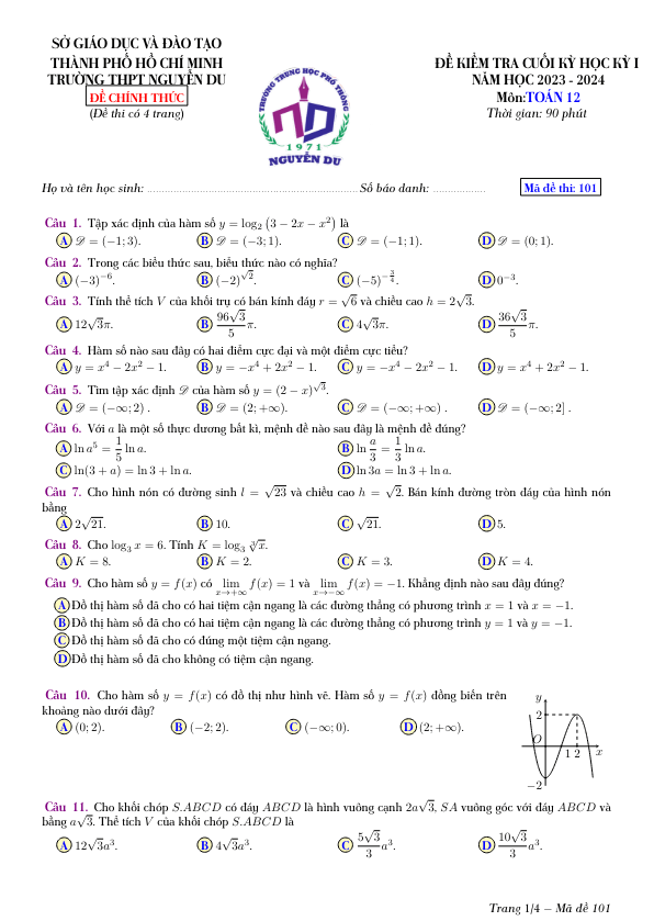 Đề cuối học kỳ 1 Toán 12 năm 2023 – 2024 trường THPT Nguyễn Du – TP HCM