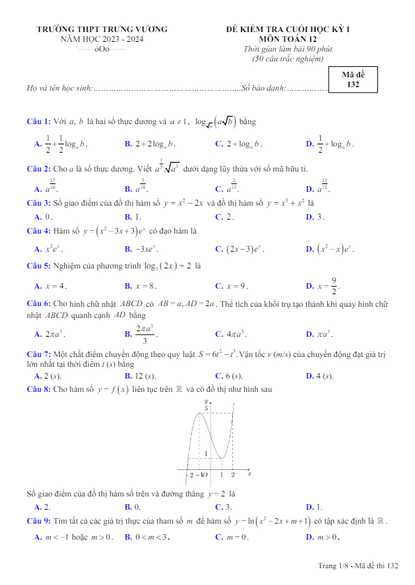 Đề cuối học kỳ 1 Toán 12 năm 2023 – 2024 trường THPT Trưng Vương – TP HCM