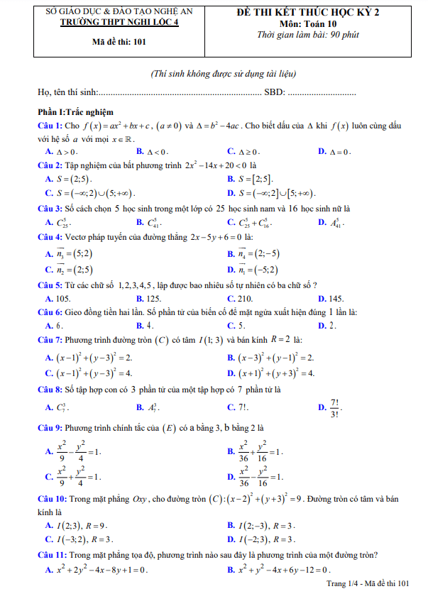 Đề cuối học kỳ 2 Toán 10 năm 2022 – 2023 trường THPT Nghi Lộc 4 – Nghệ An