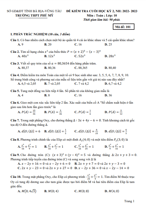 Đề cuối học kỳ 2 Toán 10 năm 2022 – 2023 trường THPT Phú Mỹ – BR VT