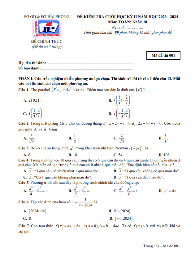 Đề cuối học kỳ 2 Toán 10 năm 2023 – 2024 trường chuyên Trần Phú – Hải Phòng