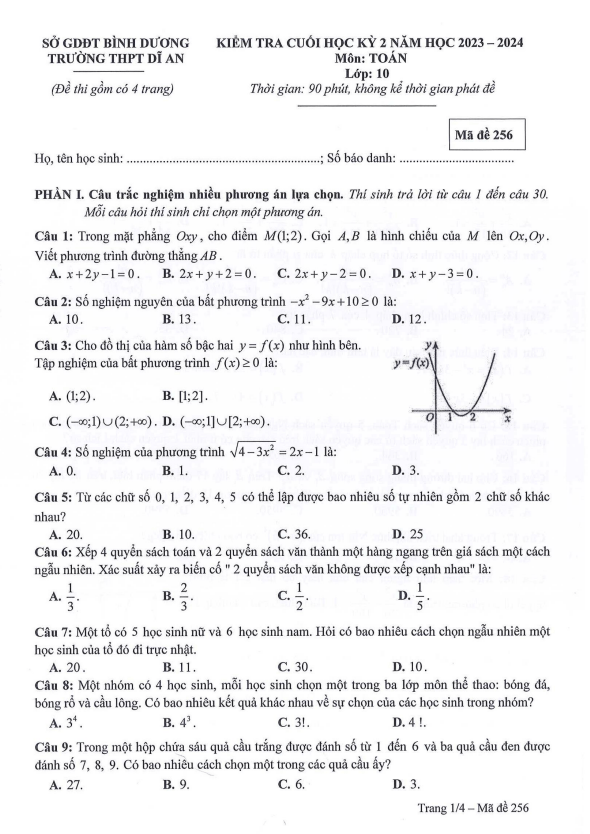 Đề cuối học kỳ 2 Toán 10 năm 2023 – 2024 trường THPT Dĩ An – Bình Dương