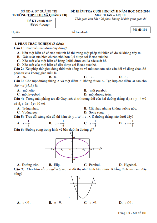 Đề cuối học kỳ 2 Toán 10 năm 2023 – 2024 trường THPT Thị xã Quảng Trị