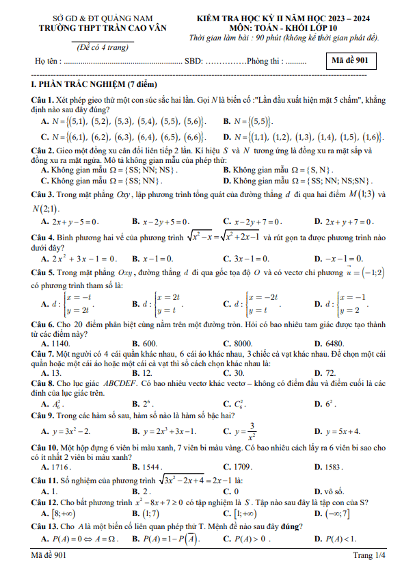 Đề cuối học kỳ 2 Toán 10 năm 2023 – 2024 trường THPT Trần Cao Vân – Quảng Nam