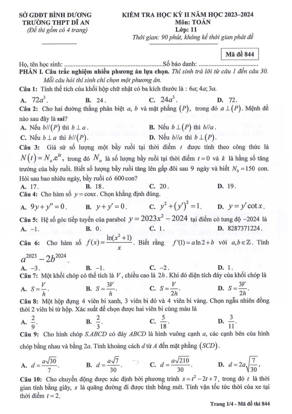 Đề cuối học kỳ 2 Toán 11 năm 2023 – 2024 trường THPT Dĩ An – Bình Dương