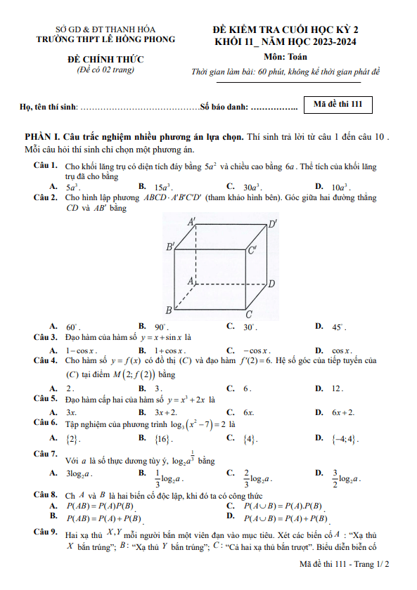 Đề cuối học kỳ 2 Toán 11 năm 2023 – 2024 trường THPT Lê Hồng Phong – Thanh Hóa