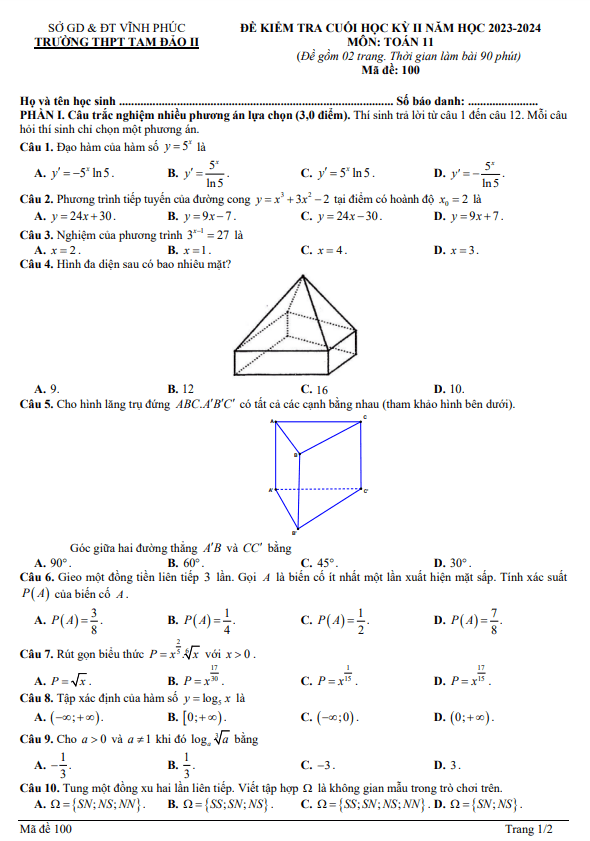 Đề cuối học kỳ 2 Toán 11 năm 2023 – 2024 trường THPT Tam Đảo 2 – Vĩnh Phúc
