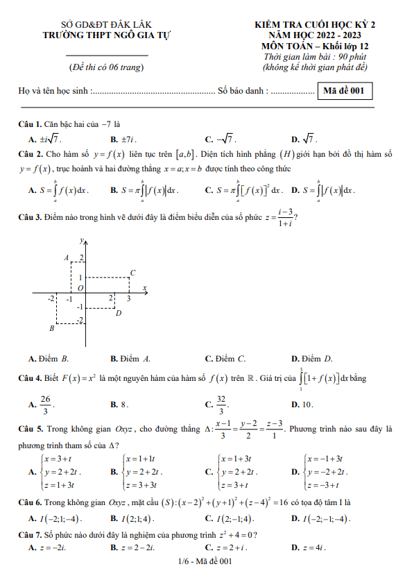 Đề cuối học kỳ 2 Toán 12 năm 2022 – 2023 trường THPT Ngô Gia Tự – Đắk Lắk