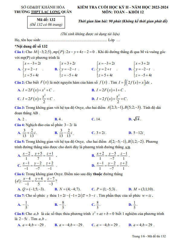 Đề cuối học kỳ 2 Toán 12 năm 2023 – 2024 trường THPT Lạc Long Quân – Khánh Hòa