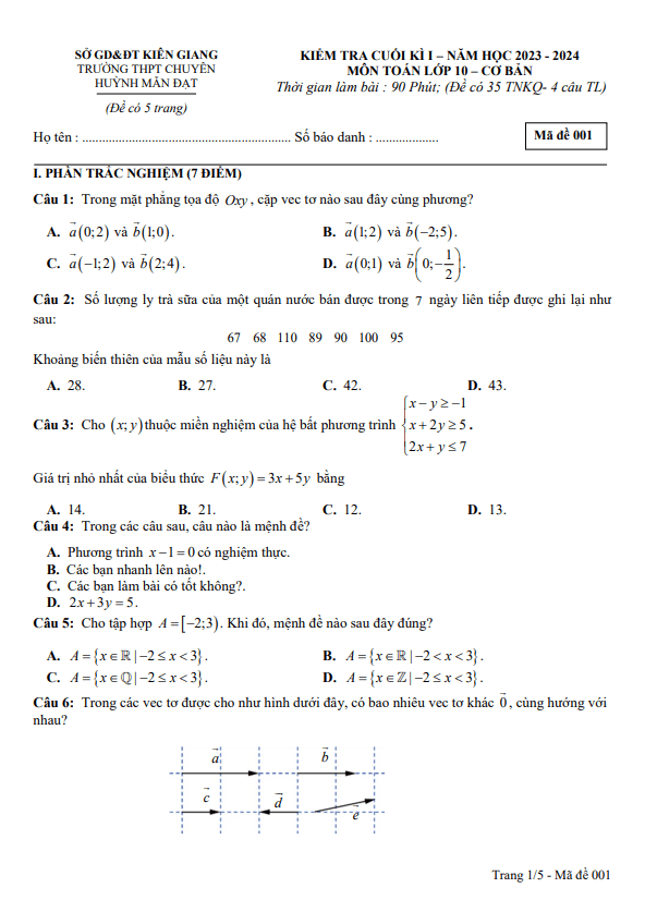 Đề cuối kì 1 Toán 10 năm 2023 – 2024 trường chuyên Huỳnh Mẫn Đạt – Kiên Giang