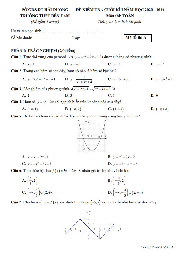 Đề cuối kì 1 Toán 10 năm 2023 – 2024 trường THPT Bến Tắm – Hải Dương