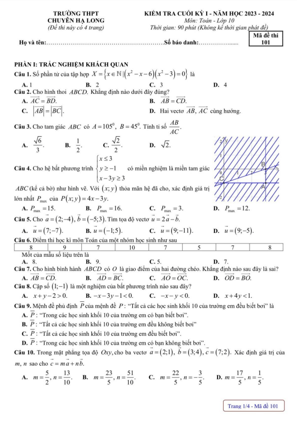 Đề cuối kì 1 Toán 10 năm 2023 – 2024 trường THPT chuyên Hạ Long – Quảng Ninh