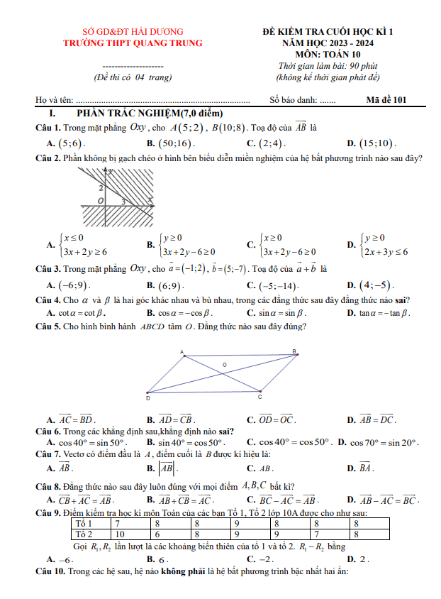 Đề cuối kì 1 Toán 10 năm 2023 – 2024 trường THPT Quang Trung – Hải Dương