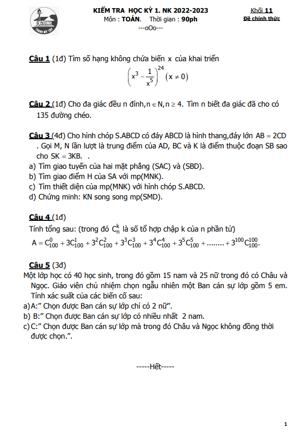 Đề cuối kì 1 Toán 11 năm 2022 – 2023 trường THPT Gia Định – TP HCM