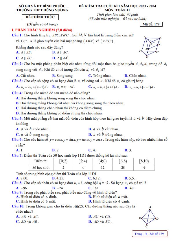 Đề cuối kì 1 Toán 11 năm 2023 – 2024 trường THPT Hùng Vương – Bình Phước