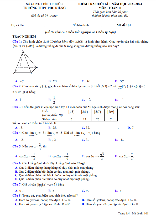 Đề cuối kì 1 Toán 11 năm 2023 – 2024 trường THPT Phú Riềng – Bình Phước