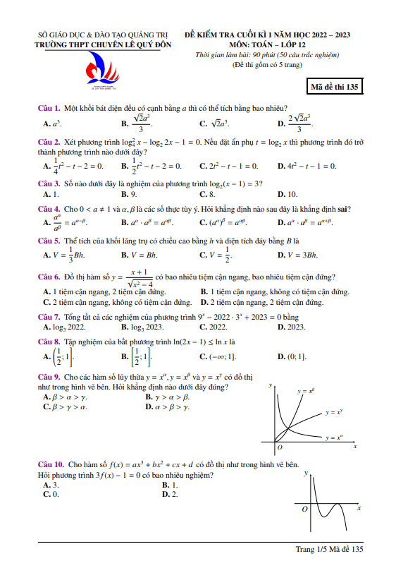 Đề cuối kì 1 Toán 12 năm 2022 – 2023 trường chuyên Lê Quý Đôn – Quảng Trị