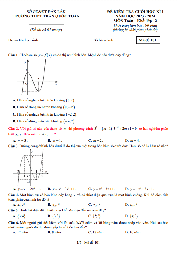 Đề cuối kì 1 Toán 12 năm 2023 – 2024 trường THPT Trần Quốc Toản – Đắk Lắk