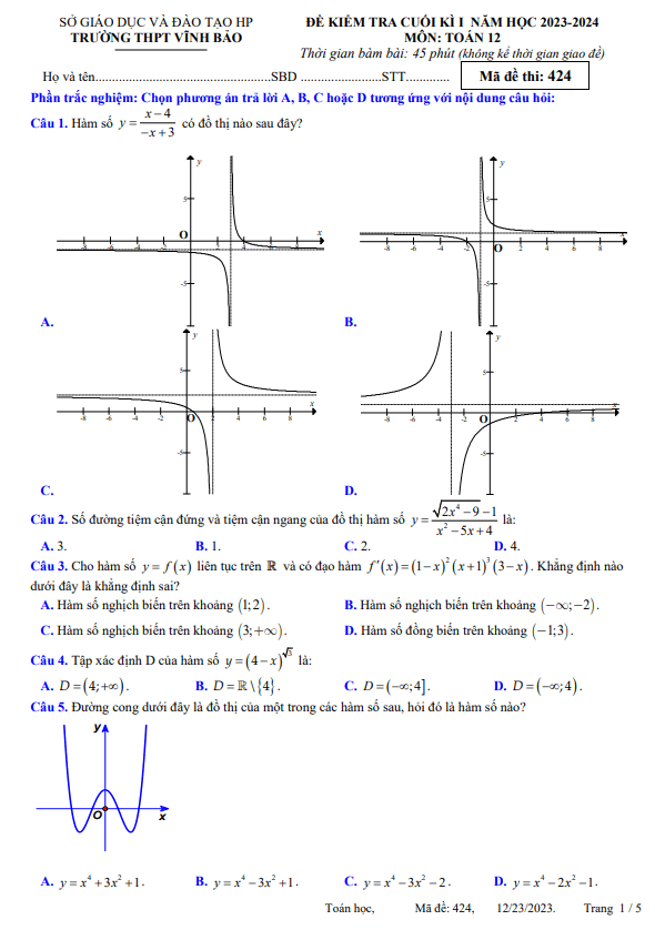 Đề cuối kì 1 Toán 12 năm 2023 – 2024 trường THPT Vĩnh Bảo – Hải Phòng