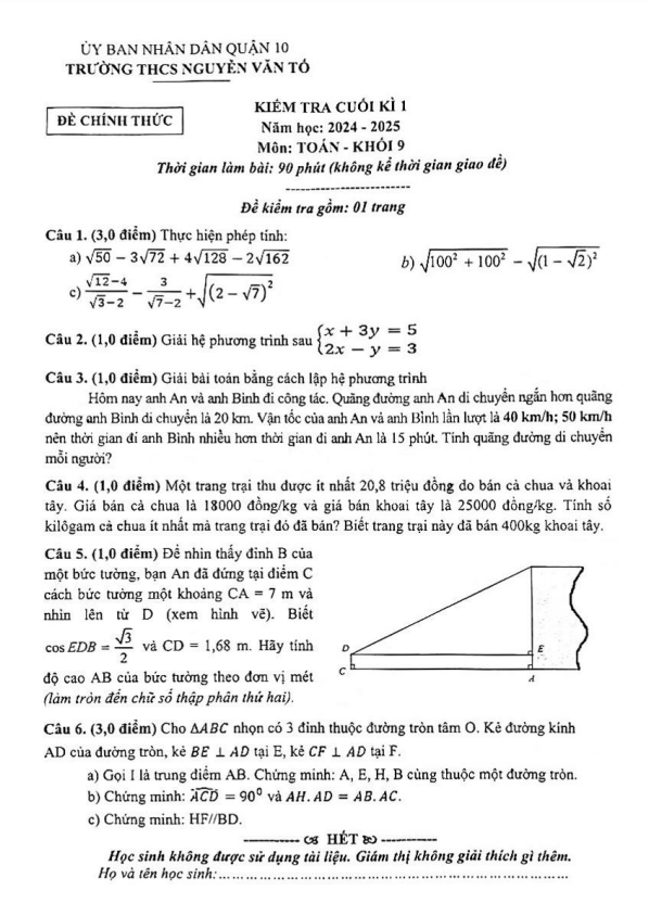 Đề cuối kì 1 Toán 9 năm 2024 – 2025 trường THCS Nguyễn Văn Tố – TP HCM
