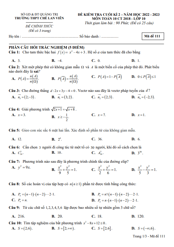 Đề cuối kì 2 Toán 10 năm 2022 – 2023 trường THPT Chế Lan Viên – Quảng Trị