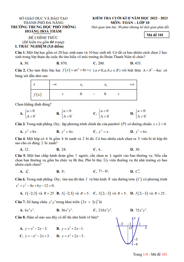 Đề cuối kì 2 Toán 10 năm 2022 – 2023 trường THPT Hoàng Hoa Thám – Đà Nẵng