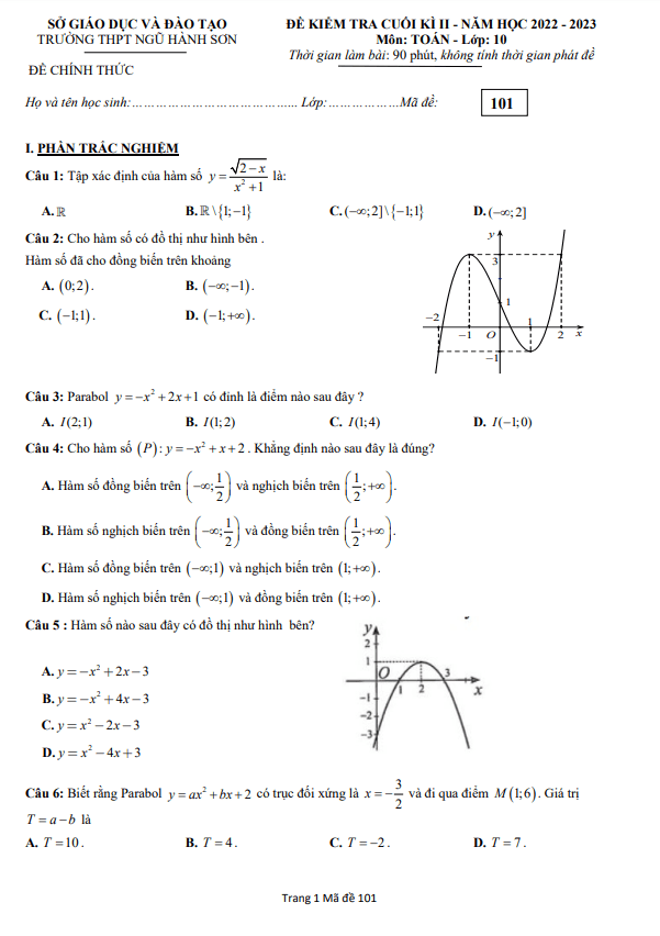 Đề cuối kì 2 Toán 10 năm 2022 – 2023 trường THPT Ngũ Hành Sơn – Đà Nẵng