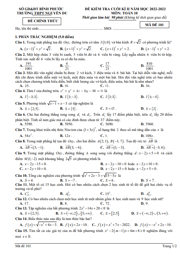 Đề cuối kì 2 Toán 10 năm 2022 – 2023 trường THPT Nguyễn Du – Bình Phước