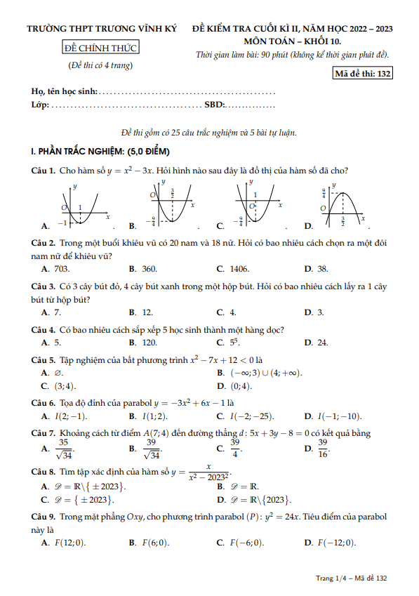 Đề cuối kì 2 Toán 10 năm 2022 – 2023 trường THPT Trương Vĩnh Ký – Bến Tre