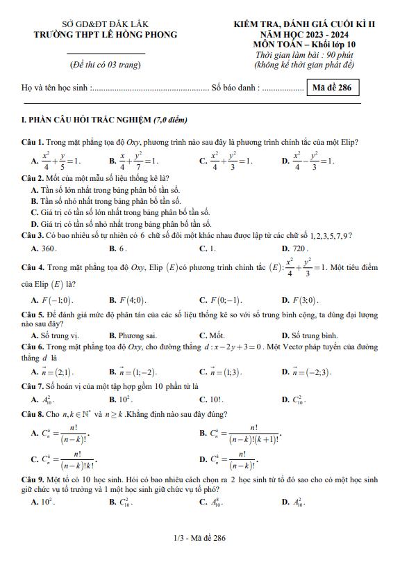 Đề cuối kì 2 Toán 10 năm 2023 – 2024 trường THPT Lê Hồng Phong – Đắk Lắk