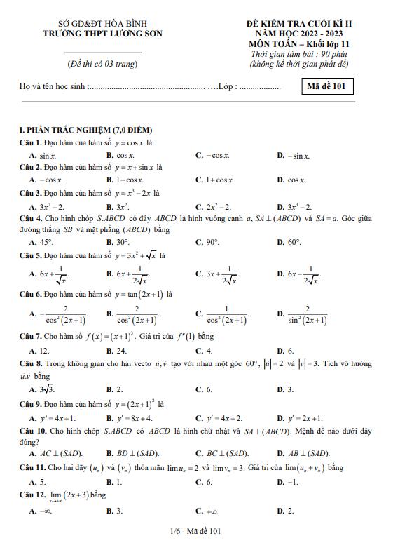 Đề cuối kì 2 Toán 11 năm 2022 – 2023 trường THPT Lương Sơn – Hòa Bình