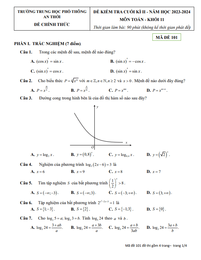 Đề cuối kì 2 Toán 11 năm 2023 – 2024 trường THPT An Thới – Bến Tre