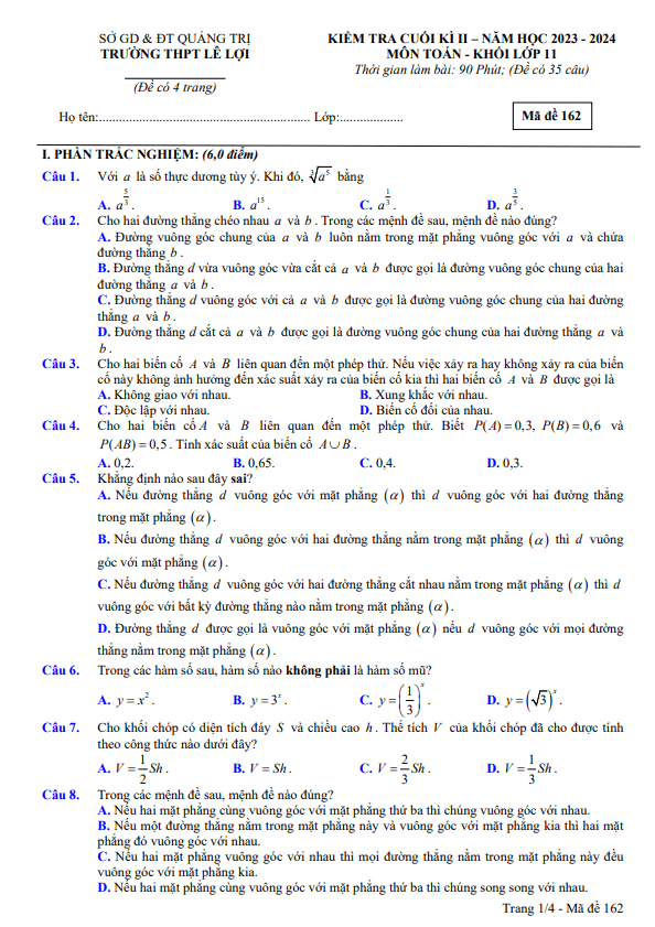 Đề cuối kì 2 Toán 11 năm 2023 – 2024 trường THPT Lê Lợi – Quảng Trị