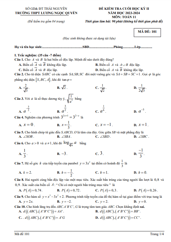 Đề cuối kì 2 Toán 11 năm 2023 – 2024 trường THPT Lương Ngọc Quyến – Thái Nguyên