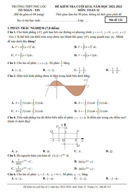 Đề cuối kì 2 Toán 12 năm 2022 – 2023 trường THPT Phú Lộc – TT Huế