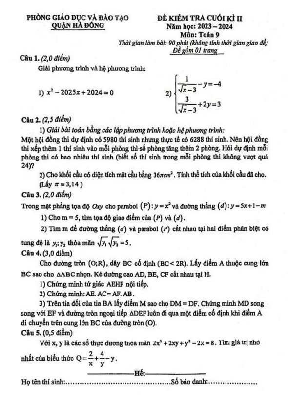 Đề cuối kì 2 Toán 9 năm 2023 – 2024 phòng GD&ĐT Hà Đông – Hà Nội