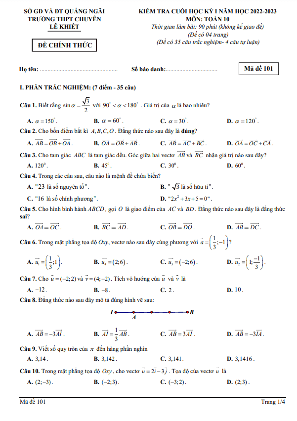 Đề cuối kỳ 1 Toán 10 năm 2022 – 2023 trường chuyên Lê Khiết – Quảng Ngãi