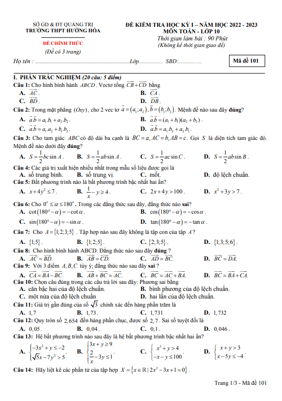 Đề cuối kỳ 1 Toán 10 năm 2022 – 2023 trường THPT Hướng Hóa – Quảng Trị