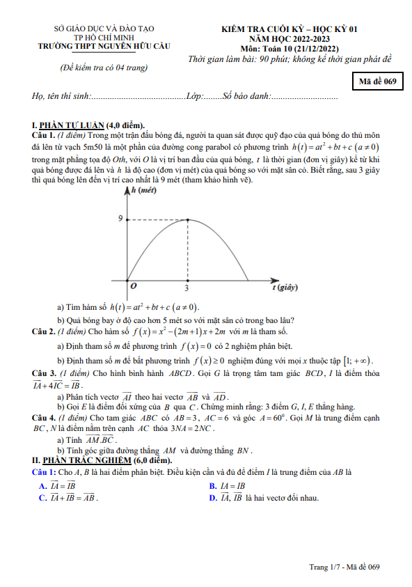 Đề cuối kỳ 1 Toán 10 năm 2022 – 2023 trường THPT Nguyễn Hữu Cầu – TP HCM
