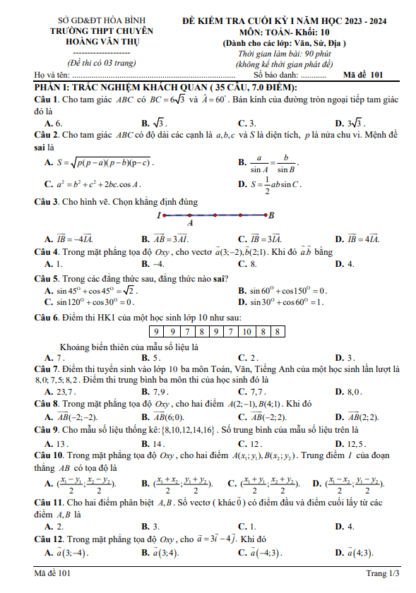 Đề cuối kỳ 1 Toán 10 năm 2023 – 2024 trường chuyên Hoàng Văn Thụ – Hòa Bình
