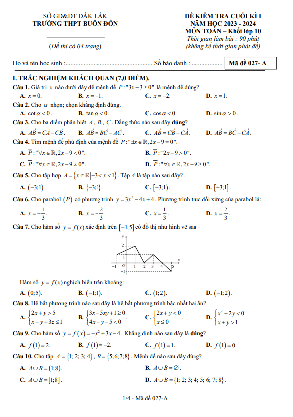 Đề cuối kỳ 1 Toán 10 năm 2023 – 2024 trường THPT Buôn Đôn – Đắk Lắk