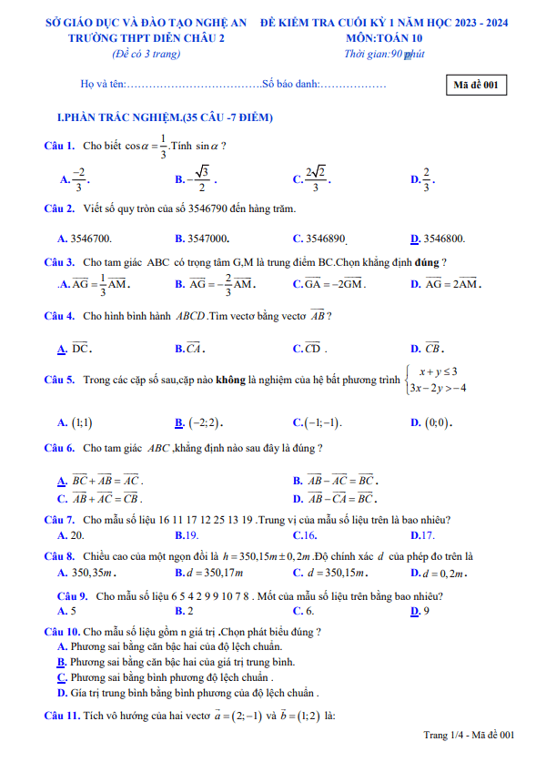Đề cuối kỳ 1 Toán 10 năm 2023 – 2024 trường THPT Diễn Châu 2 – Nghệ An